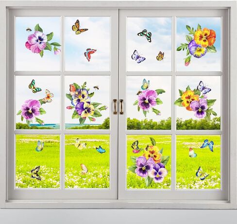 54 Pieces Pansy Window Stickers Butterfly Flowers Window Clings Anti-Collision Window Decals Removable Spring Summer Glass Window Decorations Vinyl Spring Window Decals Double-Side 8 Sheets in Saudi Arabia