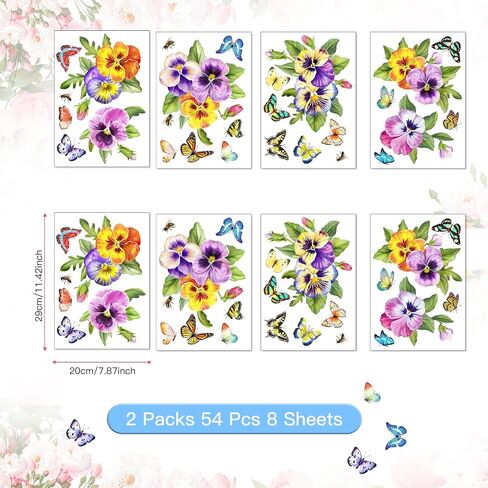 54 Pieces Pansy Window Stickers Butterfly Flowers Window Clings Anti-Collision Window Decals Removable Spring Summer Glass Window Decorations Vinyl Spring Window Decals Double-Side 8 Sheets in Saudi Arabia