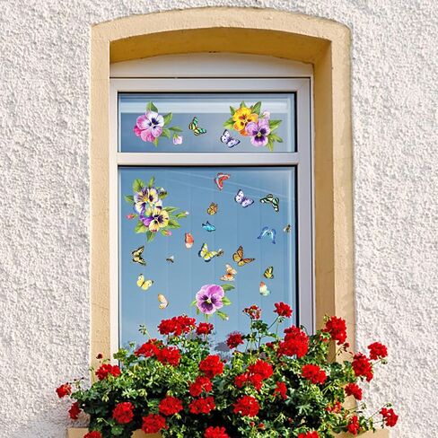 54 Pieces Pansy Window Stickers Butterfly Flowers Window Clings Anti-Collision Window Decals Removable Spring Summer Glass Window Decorations Vinyl Spring Window Decals Double-Side 8 Sheets in Saudi Arabia