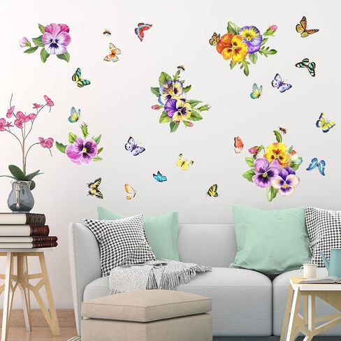 54 Pieces Pansy Window Stickers Butterfly Flowers Window Clings Anti-Collision Window Decals Removable Spring Summer Glass Window Decorations Vinyl Spring Window Decals Double-Side 8 Sheets in Saudi Arabia
