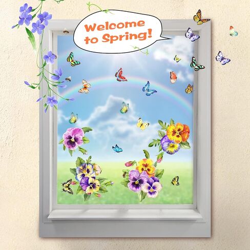 54 Pieces Pansy Window Stickers Butterfly Flowers Window Clings Anti-Collision Window Decals Removable Spring Summer Glass Window Decorations Vinyl Spring Window Decals Double-Side 8 Sheets in Saudi Arabia
