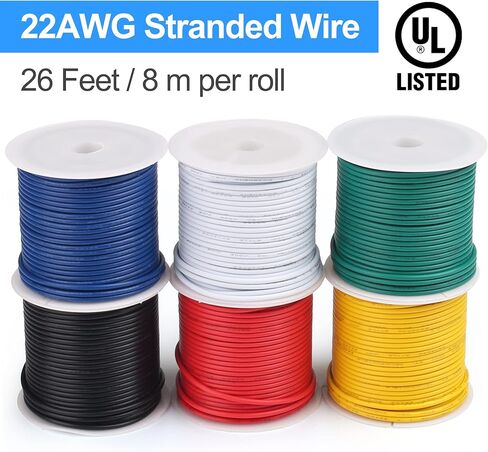 سلك مجدول 22AWG من LotFancy، 6 ألوان (26 قدمًا/8 متر لكل منهما) سلك كهربائي، مدرج في قائمة UL، طقم أسلاك ربط نحاسية معلب 22 مقياس 300 فولت DIY، مرن، معزول بالبولي فينيل كلوريد in Saudi Arabia