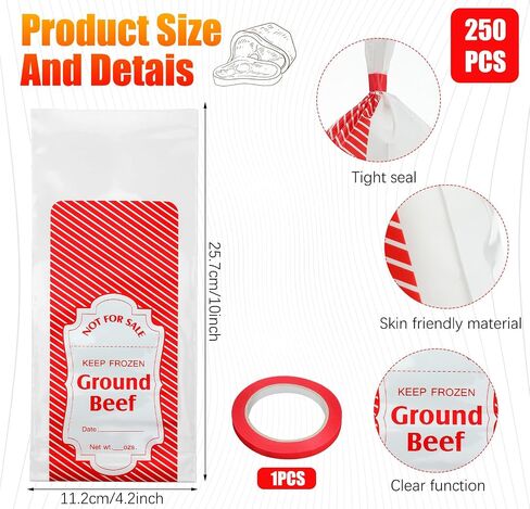 Cholemy 1 lb Red Plaid Ground Beef Freezer Bags Polyethylene Sausage Meat Bags for Freezer Storage Dry Age Bags for Meat with Bag Sealing Tapes Your Ground Meat Packaging System(1000 Pcs) in Saudi Arabia