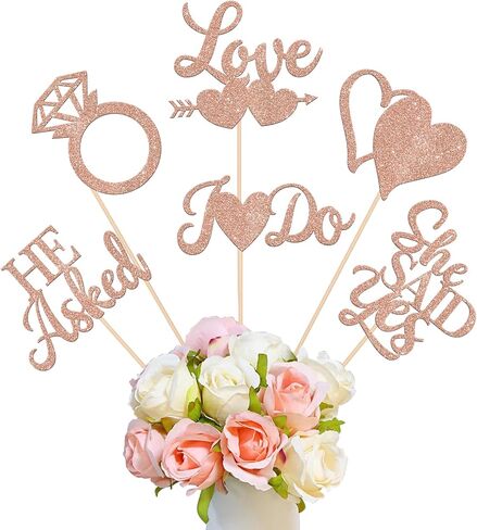 12 Pack He Asked She Said Yes Centerpiece Sticks Love Heart I do Ring Table Flower Centerpiece Sticks for Wedding Engagement Bridal Theme Party Supplies Gold in Kuwait