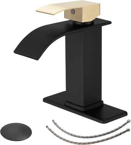 Black and Gold Bathroom Faucet Single Handle One Hole Waterfall Bathroom Faucet Deck Mount Modern Bathroom Sink Faucet with Pop Up Drain in Saudi Arabia