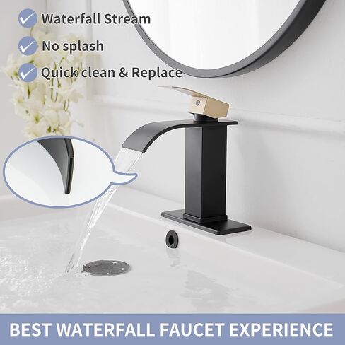 Black and Gold Bathroom Faucet Single Handle One Hole Waterfall Bathroom Faucet Deck Mount Modern Bathroom Sink Faucet with Pop Up Drain in Saudi Arabia