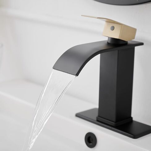 Black and Gold Bathroom Faucet Single Handle One Hole Waterfall Bathroom Faucet Deck Mount Modern Bathroom Sink Faucet with Pop Up Drain in Saudi Arabia