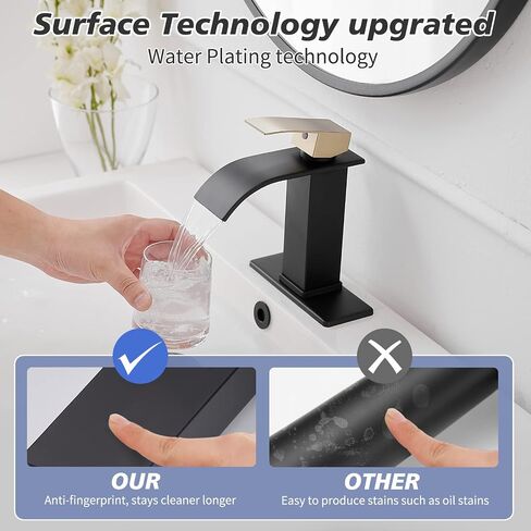 Black and Gold Bathroom Faucet Single Handle One Hole Waterfall Bathroom Faucet Deck Mount Modern Bathroom Sink Faucet with Pop Up Drain in Saudi Arabia