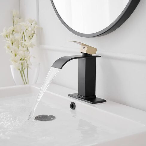 Black and Gold Bathroom Faucet Single Handle One Hole Waterfall Bathroom Faucet Deck Mount Modern Bathroom Sink Faucet with Pop Up Drain in Saudi Arabia