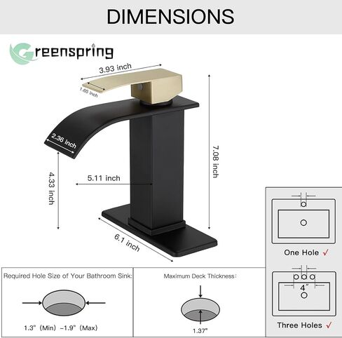 Black and Gold Bathroom Faucet Single Handle One Hole Waterfall Bathroom Faucet Deck Mount Modern Bathroom Sink Faucet with Pop Up Drain in Saudi Arabia