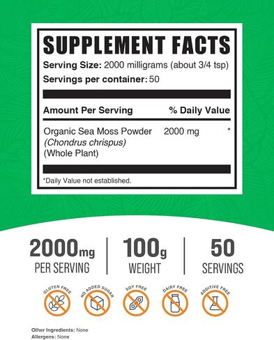 BulkSupplements.com Organic Irish Sea Moss Powder - Sea Moss Supplement, Irish Sea Moss Organic, Organic Sea Moss Powder - Vegan & Gluten Free, 2000mg per Serving, 250g (8.8 oz) (Pack of 1) in Saudi Arabia