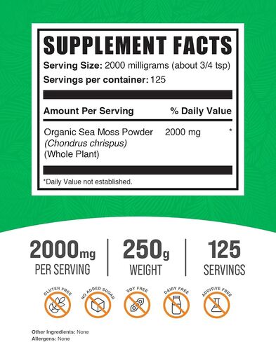 BulkSupplements.com مسحوق طحلب البحر الأيرلندي العضوي - مكمل طحلب البحر، طحلب البحر الأيرلندي العضوي، مسحوق طحلب البحر العضوي - نباتي وخالي من الغلوتين، 2000 مجم لكل وجبة، 250 جم (8.8 أونصة) (عبوة من قطعة واحدة) in Saudi Arabia