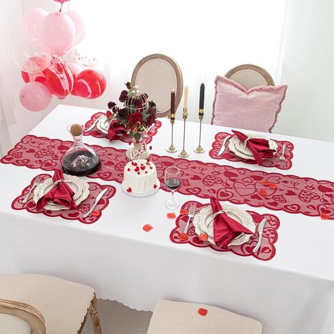 Joyfol Day 5 PCS Valentines Day Lace Table Runner with 4 Placemats, Red Heart Shaped Romantic Table Mats Set for Wedding Anniversary Party Supplies Home Table Dinner Decor (13 x 72 Inch) in Kuwait