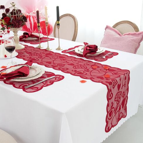 Joyfol Day 5 PCS Valentines Day Lace Table Runner with 4 Placemats, Red Heart Shaped Romantic Table Mats Set for Wedding Anniversary Party Supplies Home Table Dinner Decor (13 x 72 Inch) in Kuwait