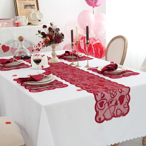 Joyfol Day 5 PCS Valentines Day Lace Table Runner with 4 Placemats, Red Heart Shaped Romantic Table Mats Set for Wedding Anniversary Party Supplies Home Table Dinner Decor (13 x 72 Inch) in Kuwait