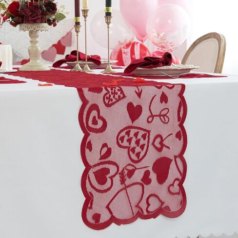 Joyfol Day 5 PCS Valentines Day Lace Table Runner with 4 Placemats, Red Heart Shaped Romantic Table Mats Set for Wedding Anniversary Party Supplies Home Table Dinner Decor (13 x 72 Inch) in Kuwait