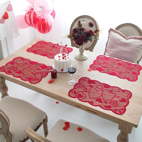 Joyfol Day 5 PCS Valentines Day Lace Table Runner with 4 Placemats, Red Heart Shaped Romantic Table Mats Set for Wedding Anniversary Party Supplies Home Table Dinner Decor (13 x 72 Inch) in Kuwait