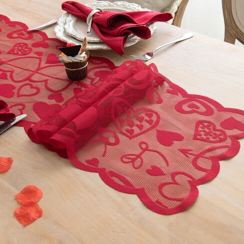 Joyfol Day 5 PCS Valentines Day Lace Table Runner with 4 Placemats, Red Heart Shaped Romantic Table Mats Set for Wedding Anniversary Party Supplies Home Table Dinner Decor (13 x 72 Inch) in Kuwait