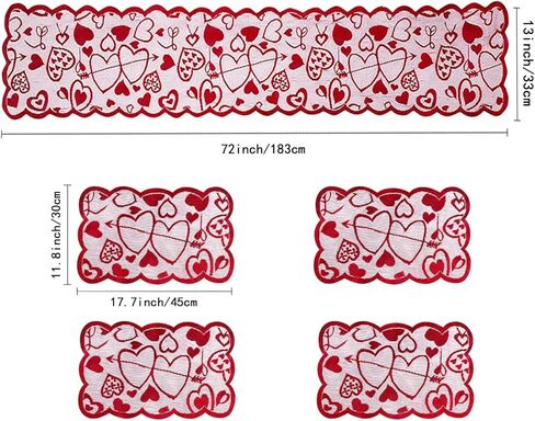 Joyfol Day 5 PCS Valentines Day Lace Table Runner with 4 Placemats, Red Heart Shaped Romantic Table Mats Set for Wedding Anniversary Party Supplies Home Table Dinner Decor (13 x 72 Inch) in Kuwait