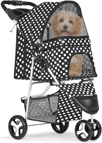 MoNiBloom Foldable Pet Stroller with Waterproof Cover, 3-Wheels Dog Strolling Cart for Small/Medium Dogs and Cats with Storage Basket and Cup Holder, Breathable and Visible Mesh for All-Season, Yellow in Saudi Arabia