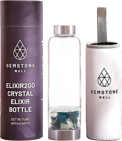 Crystal Water Bottle Elixir Set | Includes Authentic Green Beryl & Clear Quartz Healing Crystals | Black Neoprene Sleeve | Drink Gem Infused Water On The Go in Saudi Arabia
