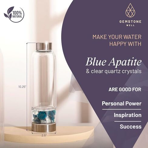 Crystal Water Bottle Elixir Set | Includes Authentic Green Beryl & Clear Quartz Healing Crystals | Black Neoprene Sleeve | Drink Gem Infused Water On The Go in Saudi Arabia