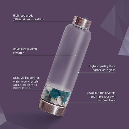 Crystal Water Bottle Elixir Set | Includes Authentic Green Beryl & Clear Quartz Healing Crystals | Black Neoprene Sleeve | Drink Gem Infused Water On The Go in Saudi Arabia