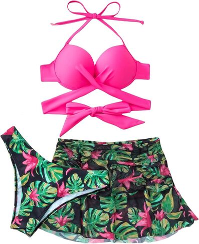 Milumia Women's 3 Piece Wrap Cross Push Up Tropical Print Bikini Swimsuit with Beach Skirt in Saudi Arabia