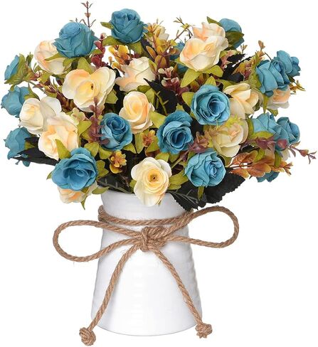Artificial Flower in Vase,Ceramics Vase with Silk Flower Arrangements Table Centerpieces Wedding Flower Bouquets for Office Meeting Room Home Décor Decoration(Blue) in Saudi Arabia