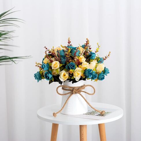 Artificial Flower in Vase,Ceramics Vase with Silk Flower Arrangements Table Centerpieces Wedding Flower Bouquets for Office Meeting Room Home Décor Decoration(Blue) in Saudi Arabia