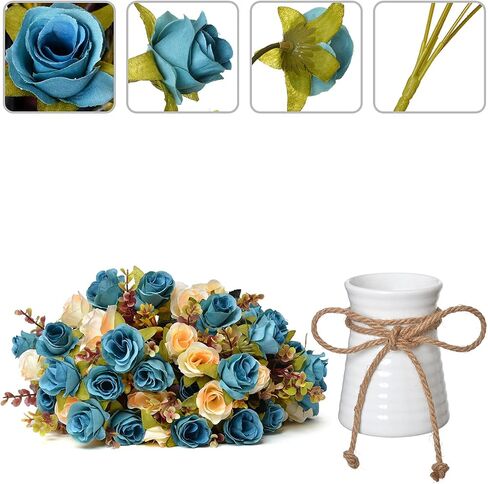 Artificial Flower in Vase,Ceramics Vase with Silk Flower Arrangements Table Centerpieces Wedding Flower Bouquets for Office Meeting Room Home Décor Decoration(Blue) in Saudi Arabia