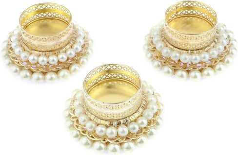 Set of 4 White Pearl Moti Design T Light Holder Candle Stand Tealight T-Light Holders for Festival Decorations Lighting Accessories Wedding Home Decor (Without Wax) in Kuwait