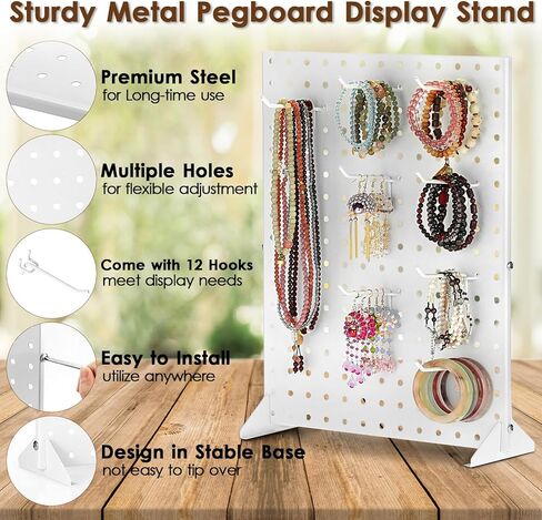 حامل عرض Pegboard محمول، حامل عرض مجوهرات Pegboard معدني قوي، حامل عرض مجوهرات Pegboard على سطح الطاولة مع 12 خطافًا للبوتيك، ومتاجر البيع بالتجزئة، وأحداث البائعين 17 بوصة × 13 بوصة، أسود in Kuwait