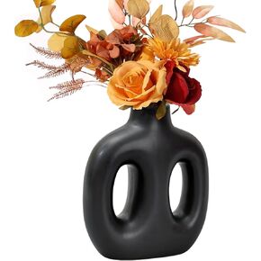 GDYOOSHOW Nordic Black Ceramic Vase for Home Decor Boho Pampas Double Eared Flower Vase for Wedding Dinner Table Office Minimalist Decorative Gift (Double Eared)