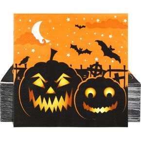 100PCS Halloween Napkins Paper Pumpkins Cocktail Beverage Lunch Dinner Napkins Black Orange Party Supplies Decorations 3 Ply Disposable Guest Kids Hand Towel Cute Bat