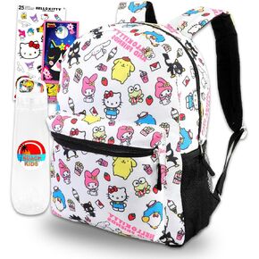 Sanrio Backpack Featuring My Melody, Badtz-Maru, Tuxedo Sam - Bundle with 16" White Sanrio School Backpack Plus Water Bottle, Stitcker, More | Hello Kitty and Friends School Bag
