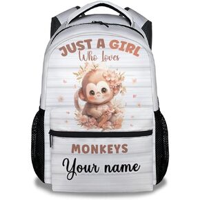 Monkey School Backpack for Kids, 16 Inch White Backpacks for Girls Boys, Cartoon, Durable, Lightweight, Large Capacity Bookbag for Travel