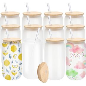 12 Pack Sublimation Glass Cups Frosted 16oz Blanks Beer Can Borosilicate Glasses Tumbler with Bamboo Lids and Straws for Beer, Juice, Soda, Iced Coffee, Drinks