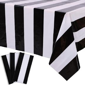 Kesfey 3 Packs Black and White Horizontal Striped Table Cloth 54 x 108 Inch Classic Black Stripe Tablecloths Disposable Plastic Stripe Table Covers Waterproof Picnic Tablecover for Camping Party