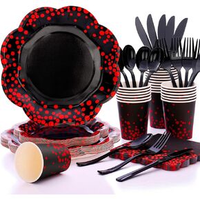 175PCS Red and Black Party Decorations,Halloween Plates,Red Dot on Black Party Plates and Napkins,Black Paper Plates for Birthday Baby Shower Wedding Anniversary Halloween Party Decorations,Serves 25