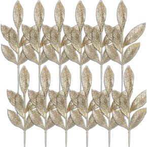 GREENTIME 12 Pack Artificial Silver Glitter Leaves 13" Fake Christmas Picks Decorative Glitter Sticks for Vase Christmas Tree DIY Wreath Crafts Fireplace Decor