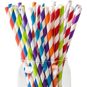 [100 Pack] Paper Straws, 10 Assorted Bright Rainbow Striped Drinking Straws for Juice Cocktails Smoothies Cake Pop Sticks Birthday Wedding Christmas Party Decoration(0.24" x 8.27", 10 Colors)