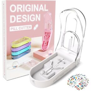 Pill Cutter with Medicine Labels Stickers, Easy to Carry and Use Pill Splitter, Pill Splitters and Provide Drug Prompts，Assist Family Members in Using Drugs Quickly and Safely (Pink)