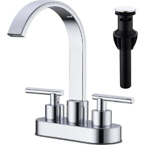 Brushed Gold Bathroom Faucet 2 Handle 4 Inches Centerset Vanity Square Waterfall Swivel Spout Sink Mixer Tap with Drain Assembly and cUPC Water Supply Lines