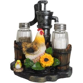 Ebros Country Animal Farm Chicken Hen With Chicks By Irrigation Well Pump Barrels And Sunflowers Salt And Pepper Shakers Holder Figurine As Kitchen Dining Home Decorative Sculpture Of Rooster