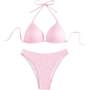 SOLY HUX Women's Two Piece Bikini Swimsuit Sexy Push Up Halter Top Bathing Suits String Cheeky Swimwear