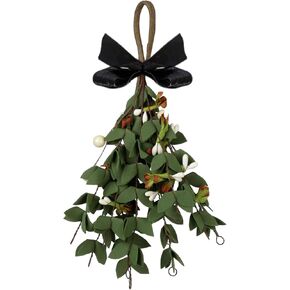 Artificial Green Christmas Mistletoe Hanging Bunch, Mistletoe Christmas Decor, Christmas Artificial Mistletoe Ornament with Bow, Wooden Sign Mistletoe Christmas Decor for Door Mistletoe