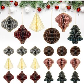 Nezyo 24 Pieces Christmas Paper Honeycomb Ornaments with Glitter Edge Brown Hanging Paper Lanterns Ornament Boho Balls Christmas Ornaments for Christmas Tree Xmas Party Pom Poms (Classic)