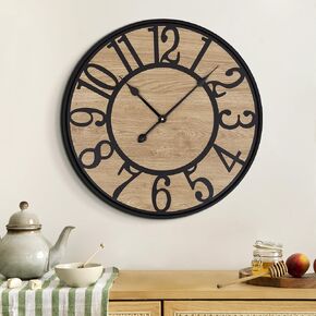 Maxstar Large Wall Clock Silent Bronze Rustic Farmhouse Metal & Wood Clocks with Arabic Numeral, Battery Operated Wall Clocks Decorative for Living Room Bedroom Office Home Decor 24inch
