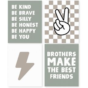 HRQKO Boho Boys Room Wall Art Poster Prints Set of 4, Brothers Make The Best Friends Printing Posters Wall Decor, Boys Rules Affirmations Prints for Boys Room Bedroom Playroom 8"x10" Unframed